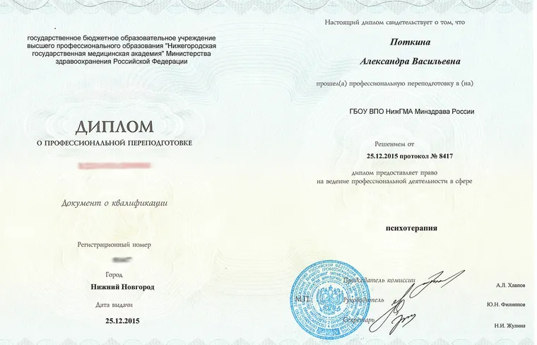 Диплом о профессиональной переподготовке: Психотерапия — Нижегородская государственная медицинская академия, 2015